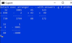 Arithmetic problems arranged in a screen output.