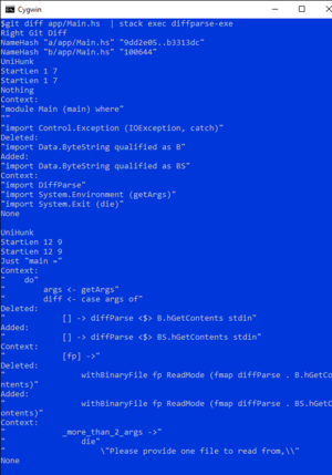 Screenshot with result of parsing git diff of Main.hs